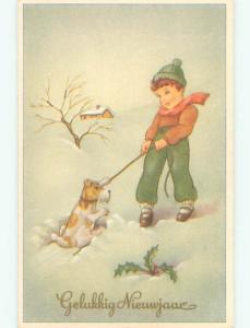 Unused Pre-Chrome new year foreign CUTE LEASHED DOG DRAGGED THROUGH SNOW J4322