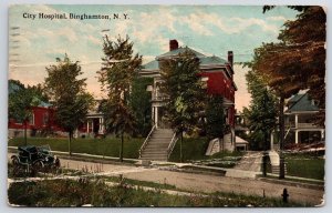 1913 Binghamton New York City Hospital Street View Old Car Vintage Postcard