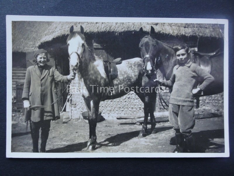 BOY & GIRL WITH WHITE & BLACK SPECKLED HORSE AT STABLE early RP Postcard