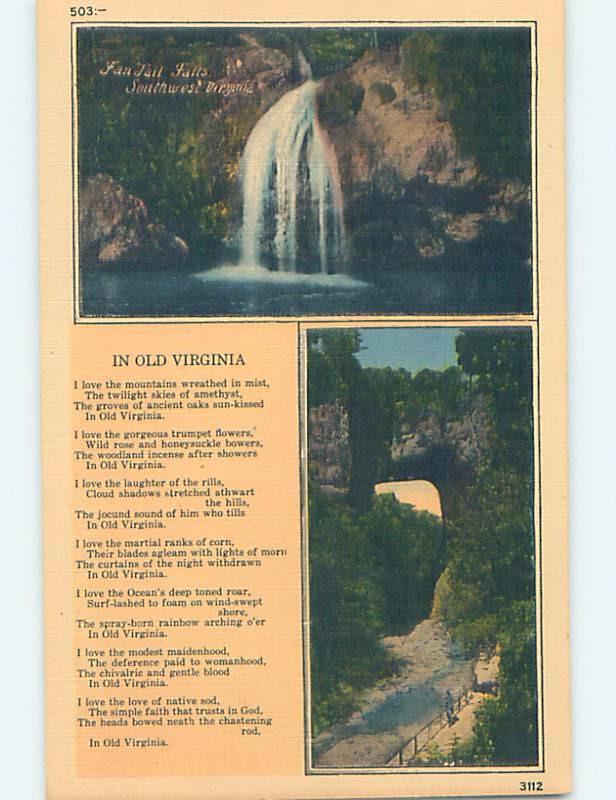 Unused Linen TWO VIEWS ON CARD Fantail Falls - Buena Vista Virginia VA ho7501