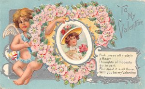 G2/ Valentine's Day Love Postcard c1910 Nash Cupid Flowers Woman 8