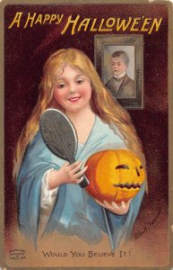 J87/ Halloween Postcard Holiday c10 Ellen Clapsaddle Girl Jack-O-Lantern 65