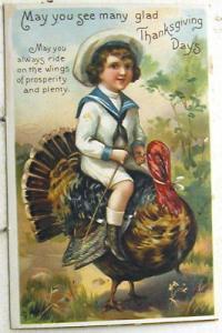 A1402    THANKSGIVING   POSTCARD,  BOY & TURKEY