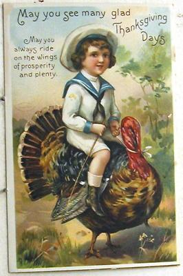 A1402    THANKSGIVING   POSTCARD,  BOY & TURKEY