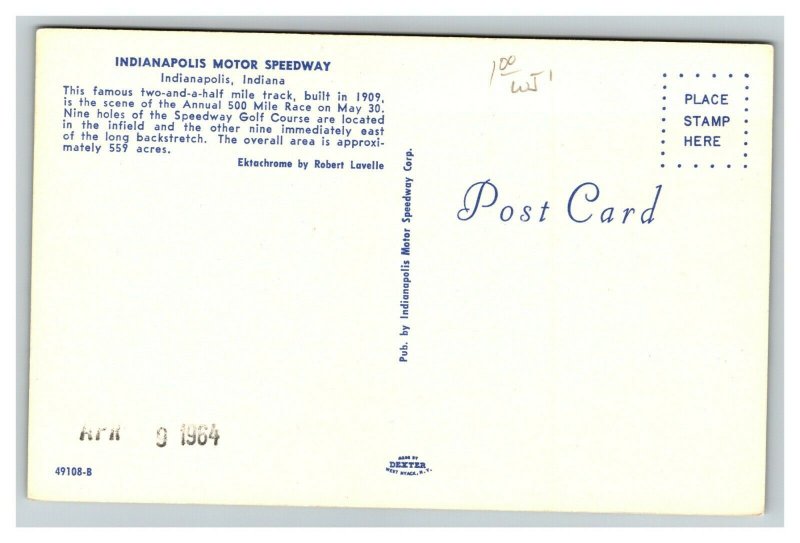 Vintage 1964 Postcard 500 Mile Indianapolis Motor Speedway Indianapolis IN