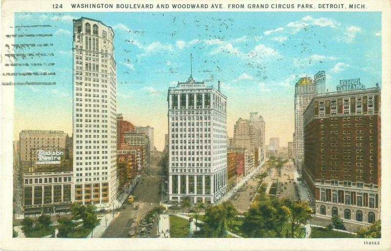 Washington Blvd & Woodward Ave from Grand Circus Park, Detroit MI 1930 Postcard