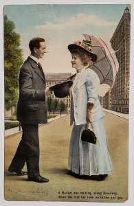 Edwardian Madame On Broadway with Umbrella Meets Handsome Man Postcard W21