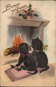 Bonne Annee Birthday Black Cats Sitting by Fire Fireplace Vintage Postcard