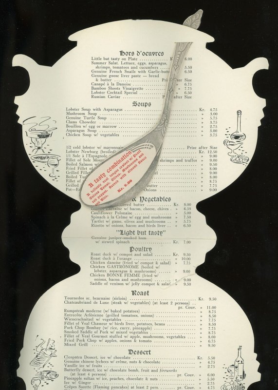 1950s 7 SMAA HJEM COPENHAGEN DENMARK DIE-CUT WITH SPOON DINNER MENU 16-56 