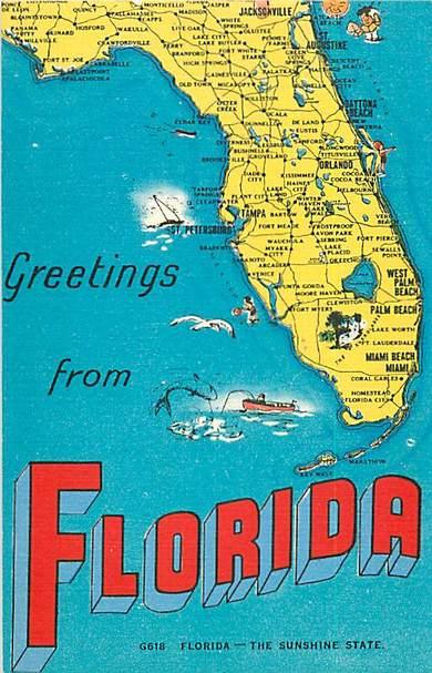 Linen Greetings from Florida Map Postcard FL