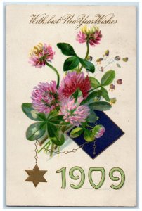 1909 New Year Shamrock Flowers Star David Winsch Back Milwaukee WI Postcard