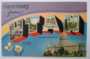 Greetings From Utah Large Big Letter Linen Postcard Curt Tichnor Unused Vintage