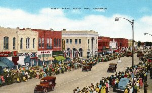 Vintage Postcard 1930's North Main Street Business District Rocky Ford Colorado