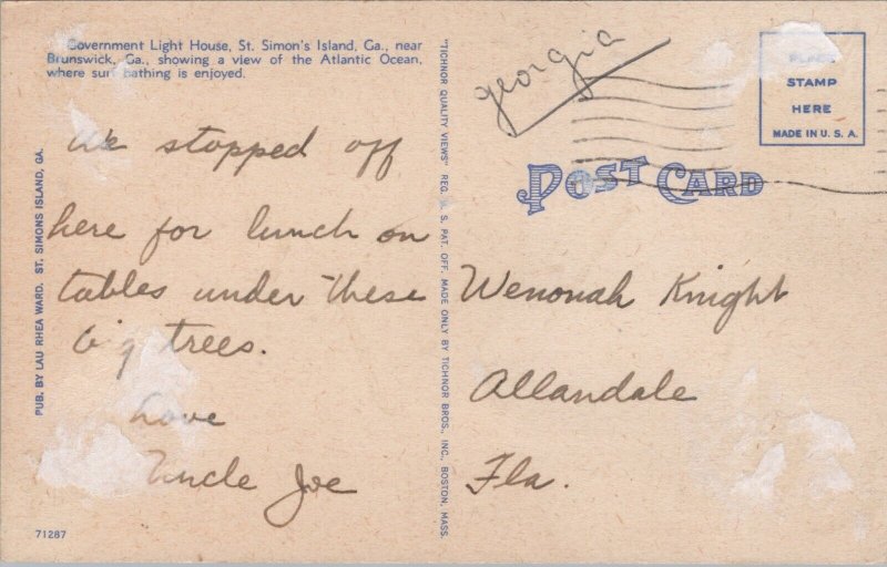 Lighthouse St Simons Island Georgia Sint Simons Linen Postcard C127