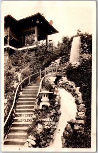 Waterfall Beautiful Japanese Garden Lynwood California Real Photo RPPC  Postcard