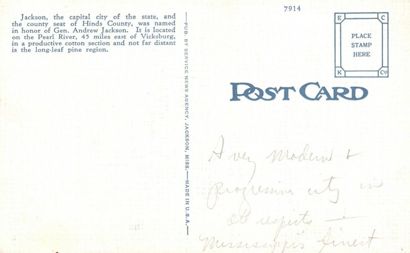 Vintage Postcard 1930's Post Office Jackson Miss. Mississippi