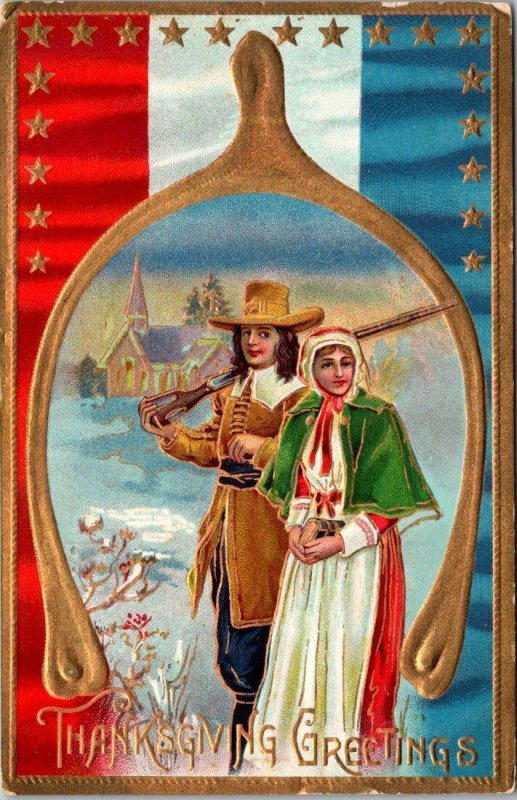 Thanksgiving Greetings Patriotic With Wishbone and Pilgrims 1909