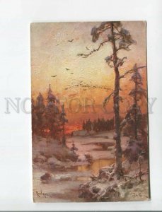 472095 Russia KLEVER Sunset Winter Forest Vintage postcard A.J. Ostrowski #1322