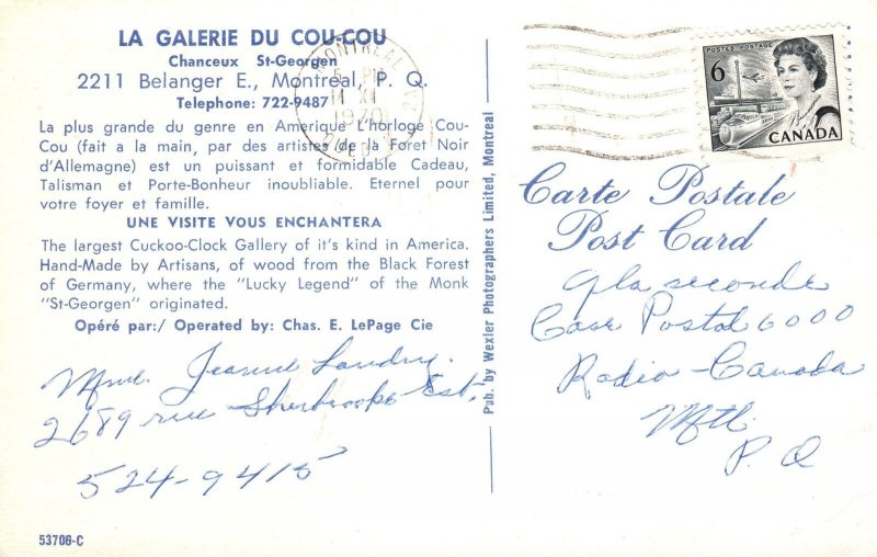 VINTAGE POSTCARD GALERIE DU COU-COU COOCOO CLOCKS & CHIMERS MONTREAL QUEBEC 1970