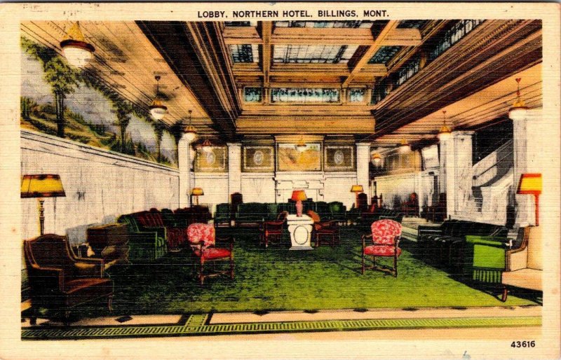 2~Linen Postcards BILLINGS, MT Montana NORTHERN HOTEL & LOBBY Corner Drug Store