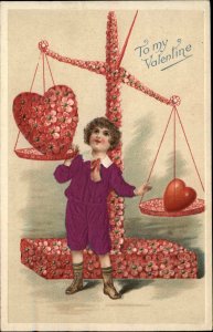 Valentine Little Boy REAL SILK Weighing Hearts c1910 Postcard EXC COND