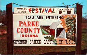 VINTAGE POSTCARD COVERED BRIDGE CAPITAL OF THE USA PARKE COUNTY INDIANA SIGNAGE