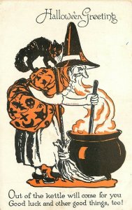 Halloween, Black Cat on Witch over a Cooking Kettle, Miller Art Co No 1133a-1