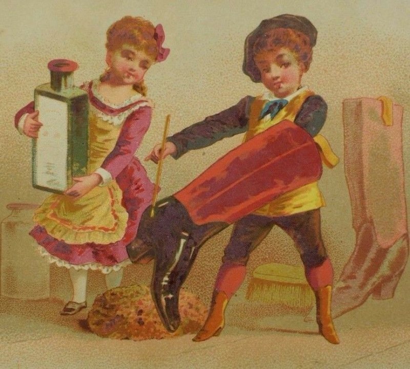 Victorian Christmas Trade Card Children Painting Giant Boots Big Bottle &C