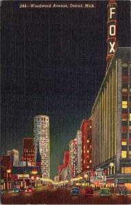 Postcard MI Detroit Woodward Avenue Fox Theatre Night Scene Curt Teich 1943 V193