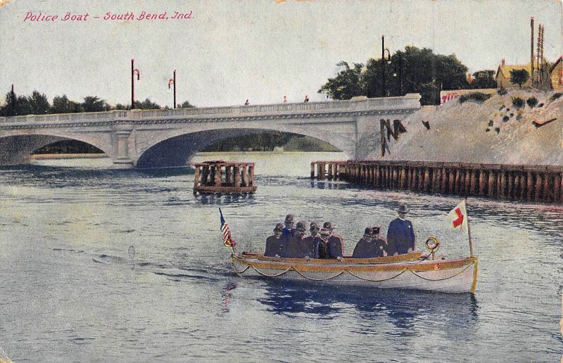 Police Boat on River South Bend Indiana 1910c postcard