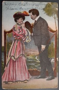 Postcard Romance Woman in pink dress happliy looking at man with cane