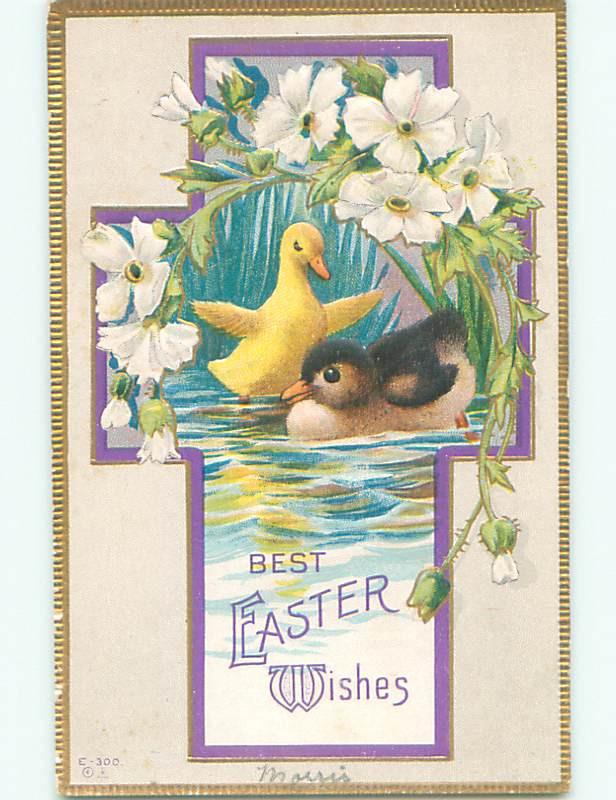 Pre-Linen easter religious CUTE BABY DUCKS INSIDE JESUS CROSS J2165