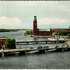 c1954 Stockholm Sweden RPPC Postcard Stadshuset Strömsborg Bridge Hand Colored