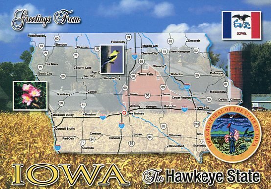 IOWA - HAWKEYE STATE - MAP POSTCARD [9778]