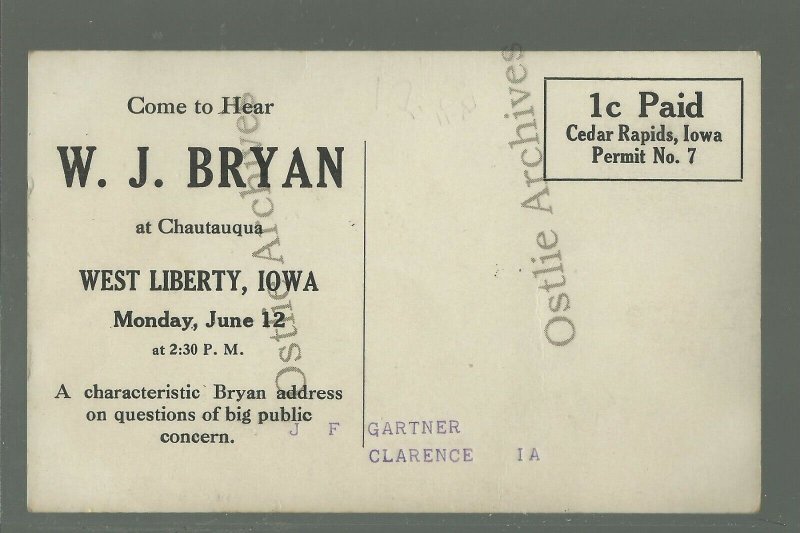 West Liberty IOWA RP 1908 ADVERTISEMENT Speech WILLIAM JENNINGS BRYAN Chautauqua