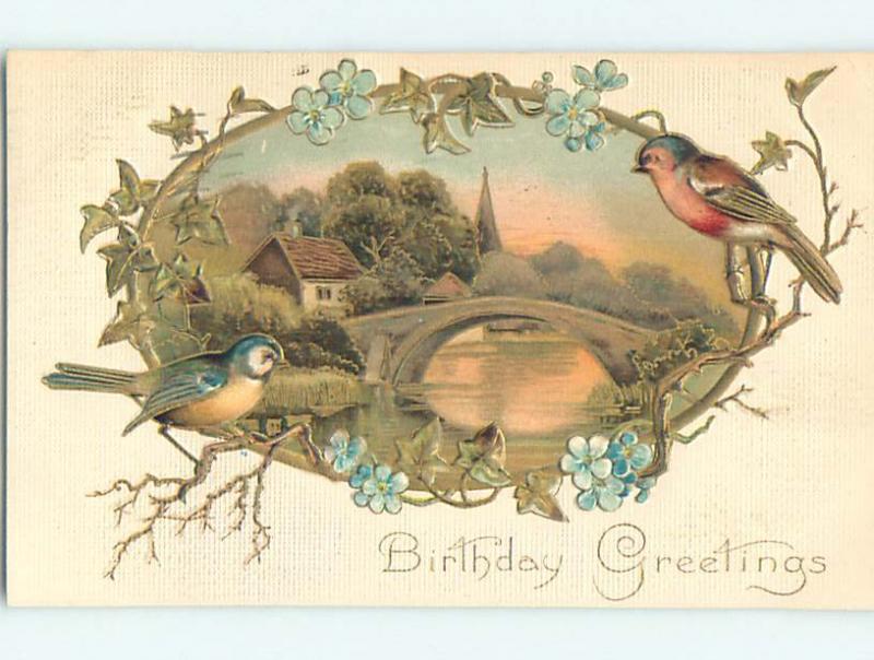 Divided-Back birthday CUTE BIRDS ON BRANCHES & BRIDGE OVER RIVER SCENE o9841