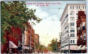 ST. LOUIS, Missouri MO  GRAND AVENUE Street Scene North from Olive 1910 Postcard