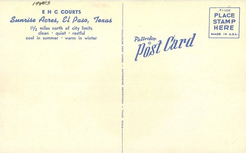 Postcard 1940s Texas El Paso EHC Courts occupation roadside Nationwide 23-13289