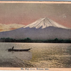 c1930s Japan Mt Fuji from Motosu Lake Row Boat Man Litho Photo Postcard Vtg A65