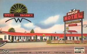 RANCH MOTEL Van Horn, Texas Highway 80 Roadside Vintage Linen Postcard ca 1940s