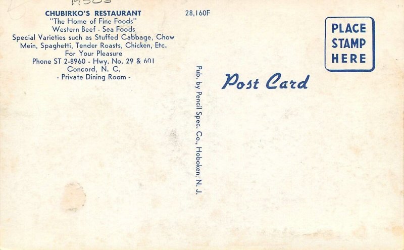 Postcard North Carolina Chubirko's Restaurant Interior Pencil Specialty 23-7216