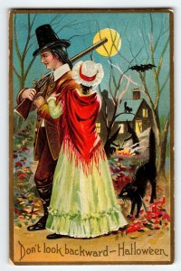 Vintage Halloween Postcard Pilgrim Black Cats Witches Brew Santway 140 Embossed