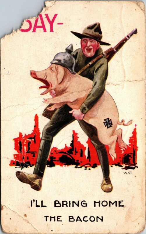 Anti-Germany-KASIER AS A PIG-BRING HOME BACON-WWI Postcard Propoganda Military