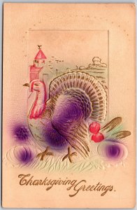Thanksgiving Greetings Embossed Turkey Fruits & Vegetables Postcard