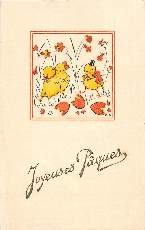 Easter dancing chickens fantasy signed Hedo handmade penciled Paques fantaisie