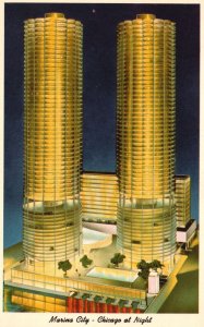 Chicago IL-Illinois, Marina City Night Twin Towers North Bank, Vintage Postcard