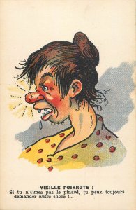 French misogynist humor comic woman red nose wine drunk caricature postcard