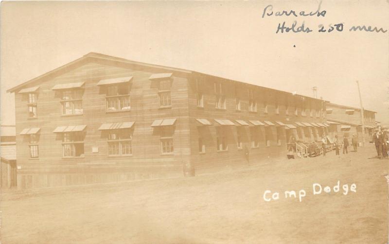 Camp Dodge Iowa~Barracks~Soldiers Outside~Military~Army~1920s RPPC Postcard