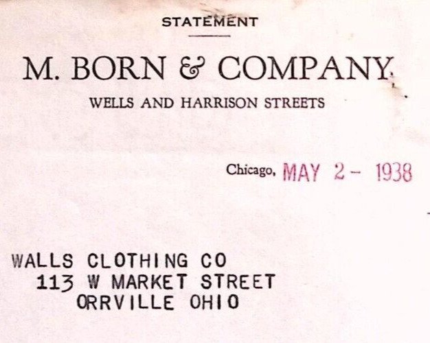 1938 M. BORN & COMPANY WHOLESALE TAILORS CHICAGO ORRVILLE BILLHEAD INVOICE Z271