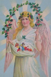 1908 Art Nouveau Angel Holly Toys Vintage Christmas Postcard Germany